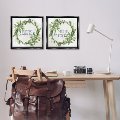 «Enjoy Happy Greenery Wreath», ensemble de 2 toiles flottantes encadrées par Ann Bailey