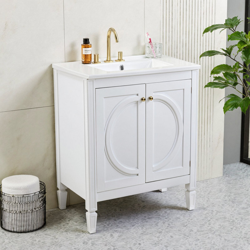 Meuble-lavabo de salle de bain blanc rétro 30 po avec lavabo en céramique, aucun assemblage requis