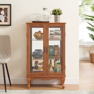 Armoire vitrée avec portes en verre trempé, armoire vitrée avec panneau arrière en miroir et tablettes réglables, armoire vitrine Ed, ampoule de bureau incluse