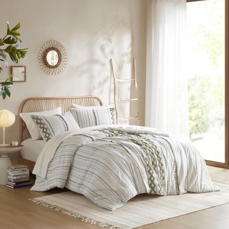 Édredon pour lit double / grand en coton 3 pièces avec chenille, imprimé, rembourrage, couvre-oreillers superposés