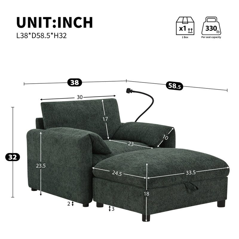 Canapé simple de 38 po avec repose-pieds de rangement, support de téléphone réglable, chargeur USB, poches de rangement latérales, accoudoirs en forme d'oreiller, chaise longue à siège large