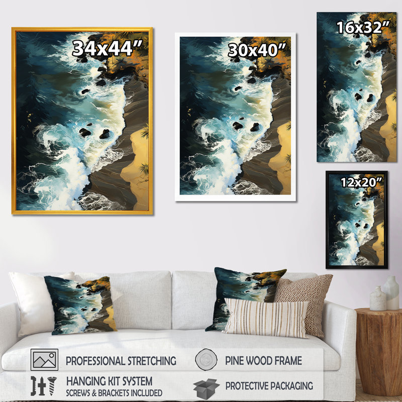 Lueur aérienne de sables tropicaux - art mural plage, H 44 po x l 34 po x P 1,5 po, Cadre flottant blanc