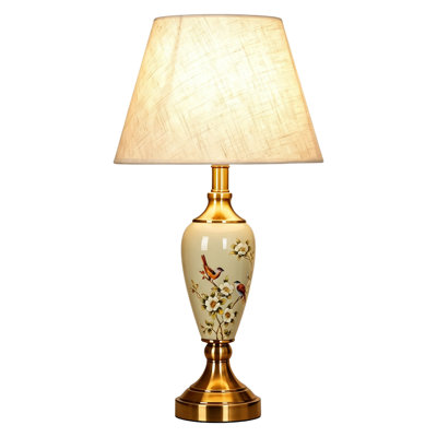 22" Vintage Ceramic Table Lamp, Traditional Floral and Bird Porcelain Bedside Lamp for Living Room Bedroom