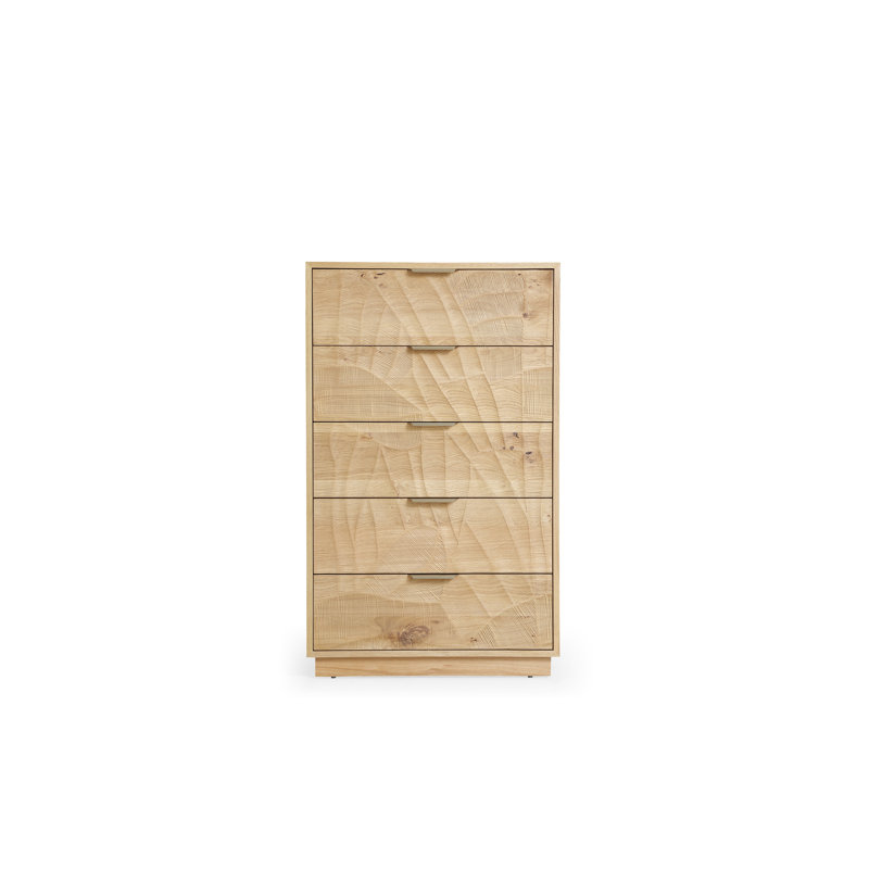 Commode haute 5 tiroirs en bois massif rustique avec portes sculptées à la main et poignées en acier inoxydable