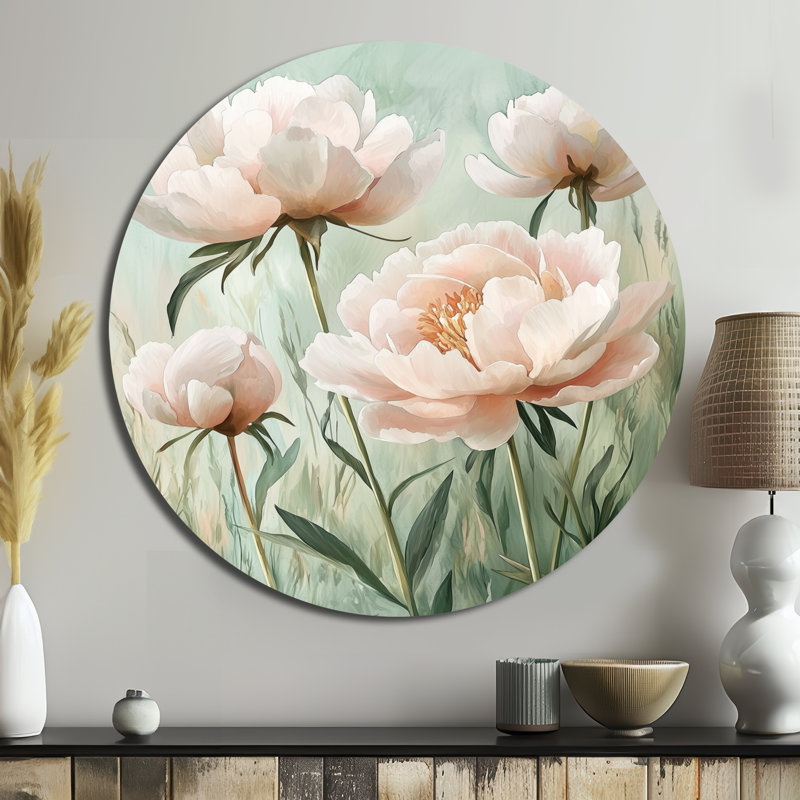 Décoration murale ronde en métal Kareema - pivoines, H 16 po x l 16 po