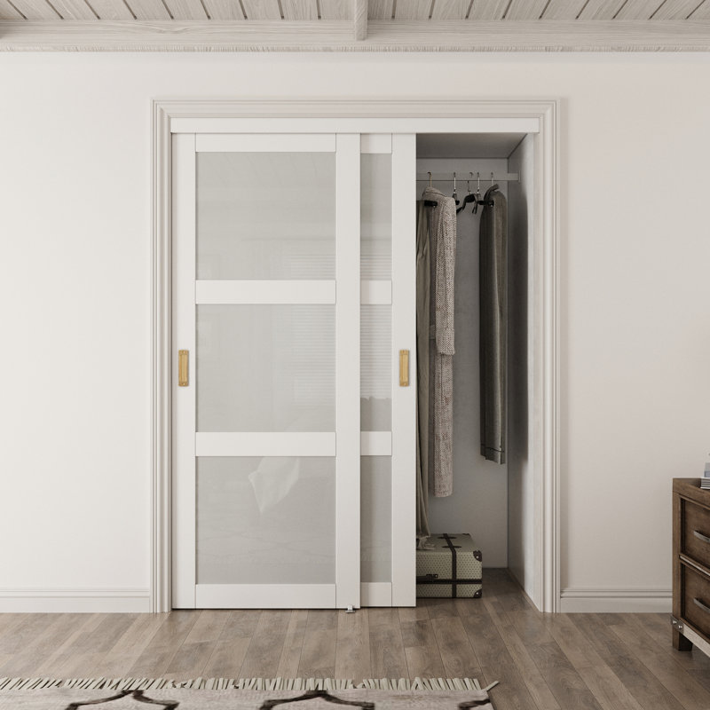 Ensemble de porte coulissante en verre givré 80 po - La conception à 3 panneaux agrandit les petits espaces, pour la chambre à coucher / placard (quincaillerie assemblée)