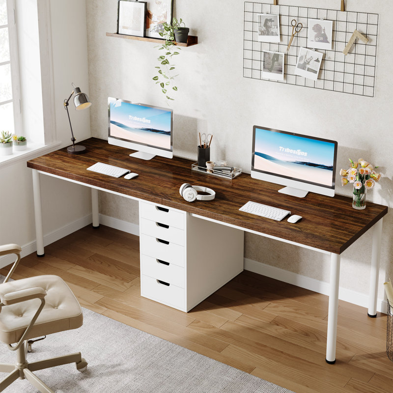 78.7 Inches Two Person Computer Desk With 5 Drawers, Brown/White
