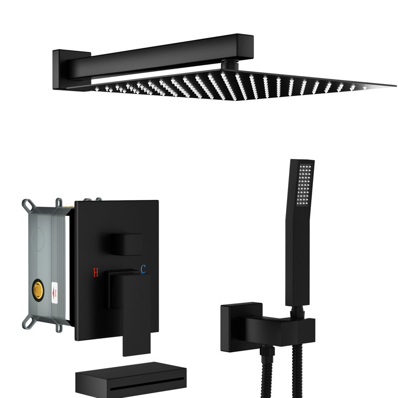 Matte Black Shower System With 12 Inch Square Rain Head And Waterfall Tub Spout For Serene Bath Experience Wall Mounted Surface & Spout,