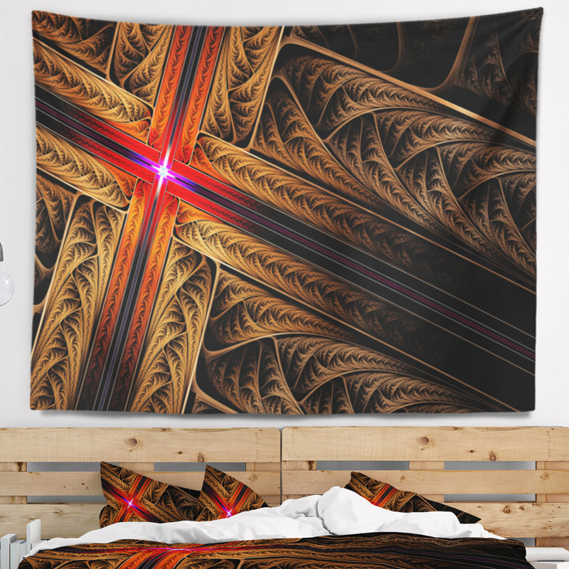 Tapisserie abstraite à motif de croix fractale dorée, H 68 po x l 80 po
