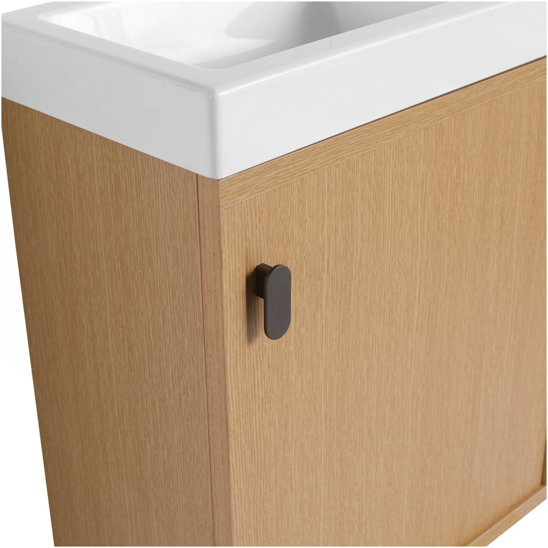 Meuble-lavabo mural 18,5 po avec lavabo en résine, porte simple à fermeture douce, panneau de fibres à densité moyenne, bois naturel