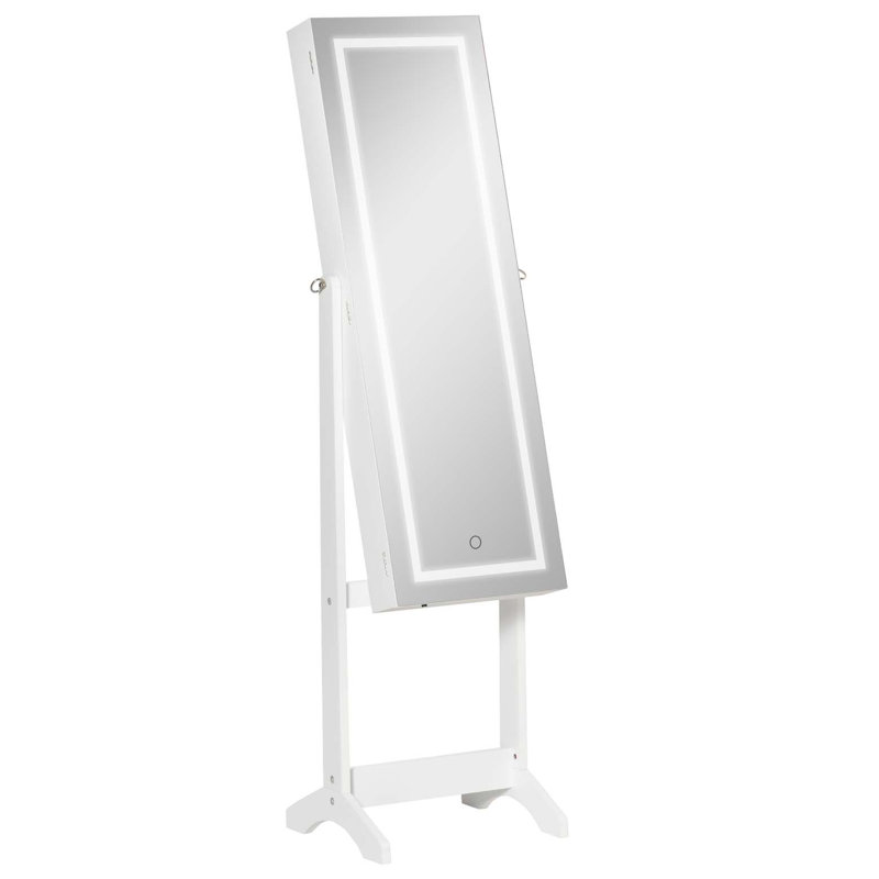 Armoire à bijoux sur pied avec éclairage à DEL, organisateur de bijoux verrouillable avec miroir pleine longueur et 4 angles réglables, blanc