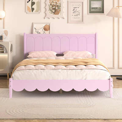 Structure de lit en bois rose grand format - Tête de lit rectangulaire rétro, sans sommier, assez solide pour 600 lb, style d'organisation de tablettes, solide et stable jusqu'à