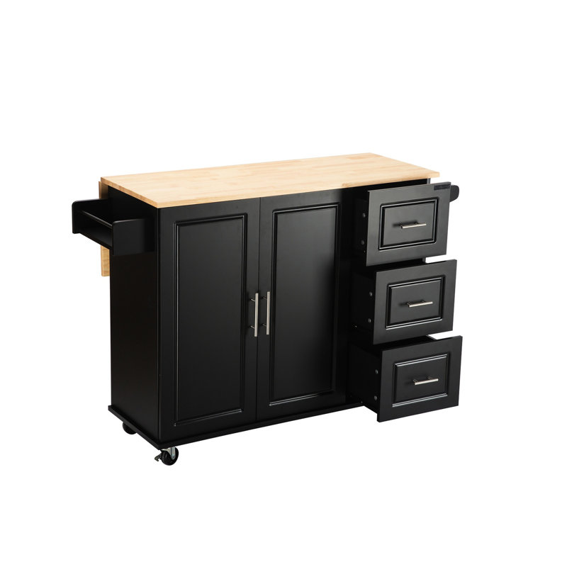 Mobile Kitchen Island With Extendable Table Top, 3 Big Drawers, Adjustable Shelf, Spice Rack, Towel Holder, Construction Rolling Build