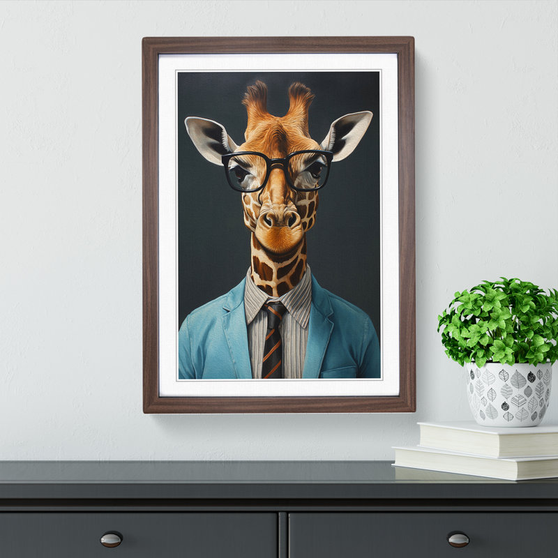 Giraffe with Glasses Painting - Framed Print, Walnut Framed, 34cm H x 25cm W