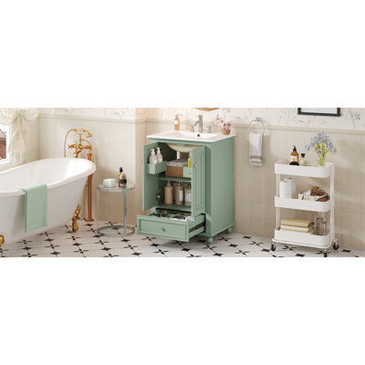 Meuble-lavabo de 24 po avec lavabo en céramique, armoire de rangement avec portes à fermeture douce, armoire de salle de bain avec tiroir et séparateurs de tiroir