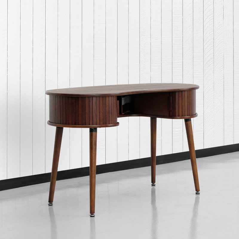 Stream Ripple Wood Writing Desk with Drawers, Dark Walnut