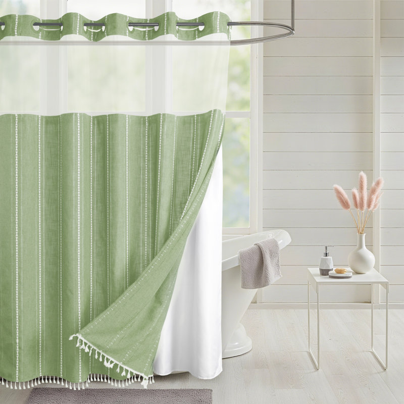 Rideau de douche en lin texturé à rayures No Hook, Sauge, H 74 po x l 71 po