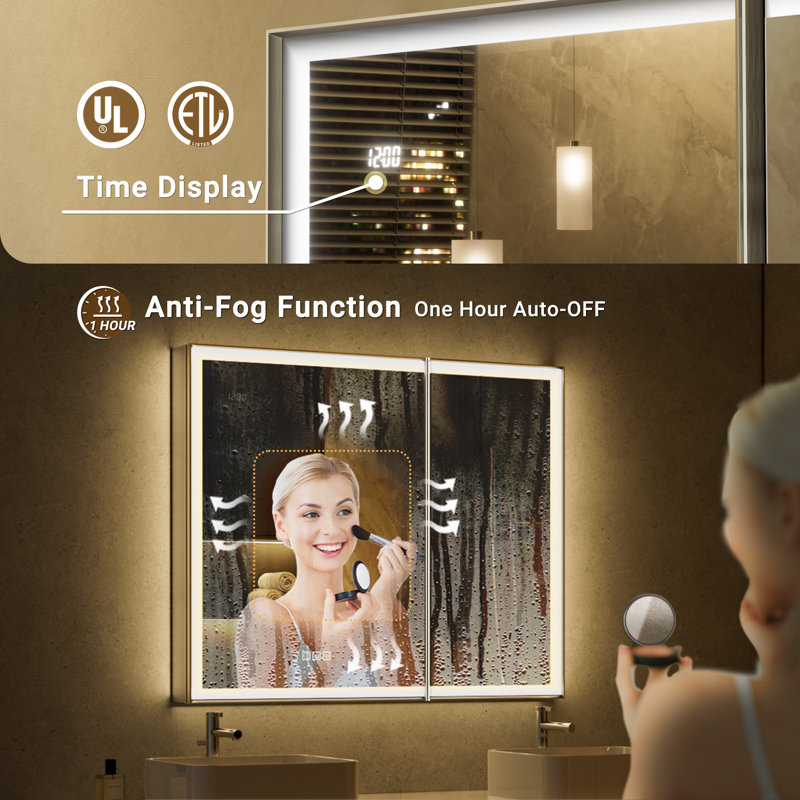 Svenn Recessed Lighted Medicine Cabinet With Mirror, 3 Adjustable Shelves, Beveled Design, Defogger, Outlets & Usbs