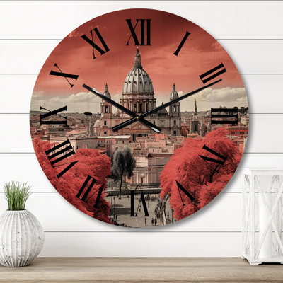 Monochrome Red Rome Cityscape - Rome Oversized Wood Wall Clock