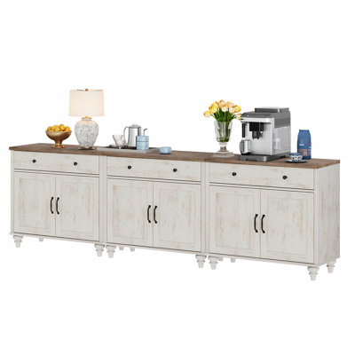 Buffet Cabinet With 6 Doors And 3 Drawers, Large Modern Coffee Bar Table Wood Kitchen Storage Cabinets, Farmhouse Sideboard Credenza For Dining Room, Rustic White, 101"