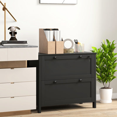 Classeur verrouillable pour bureau à domicile, noir. 2 tiroirs avec barre de suspension réglable pour format lettre, format légal, format A4. Élégant et fonctionnel. Rangement sécuritaire. Fabrication en panneau de particules. L 31,1 po x l 15,7 po x H 28,3 po