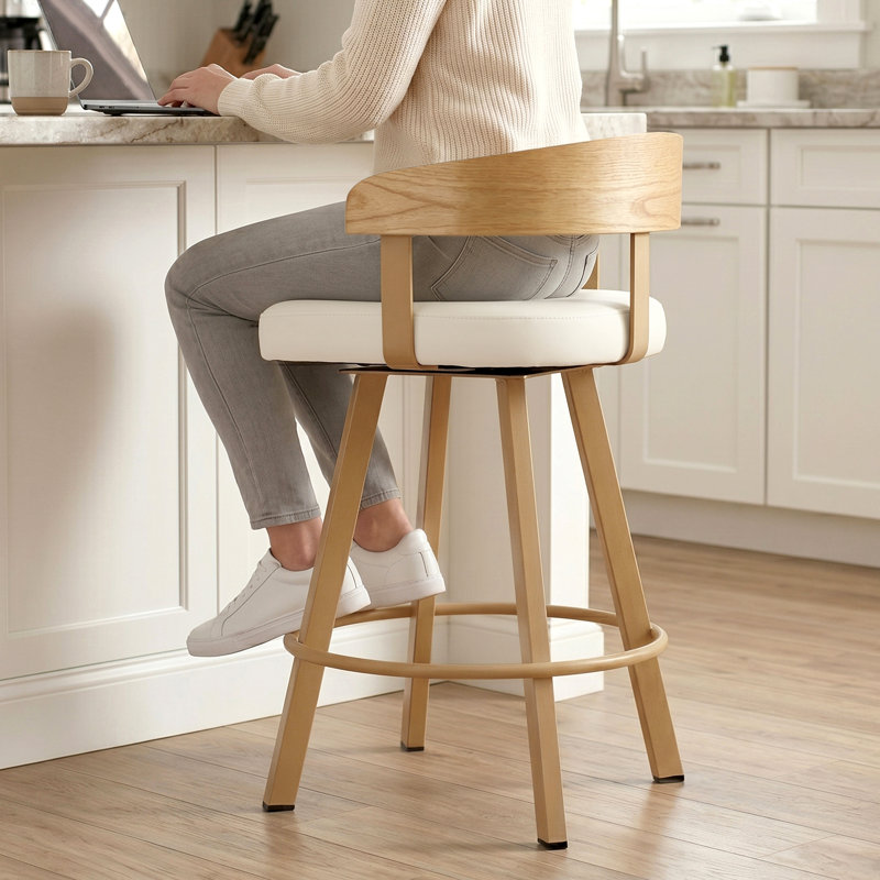 26" Swivel Counter Stool with Solid Walnut Wood Back and Upholstered Seat, Beige Seat, Counter Stool (26” Seat Height)
