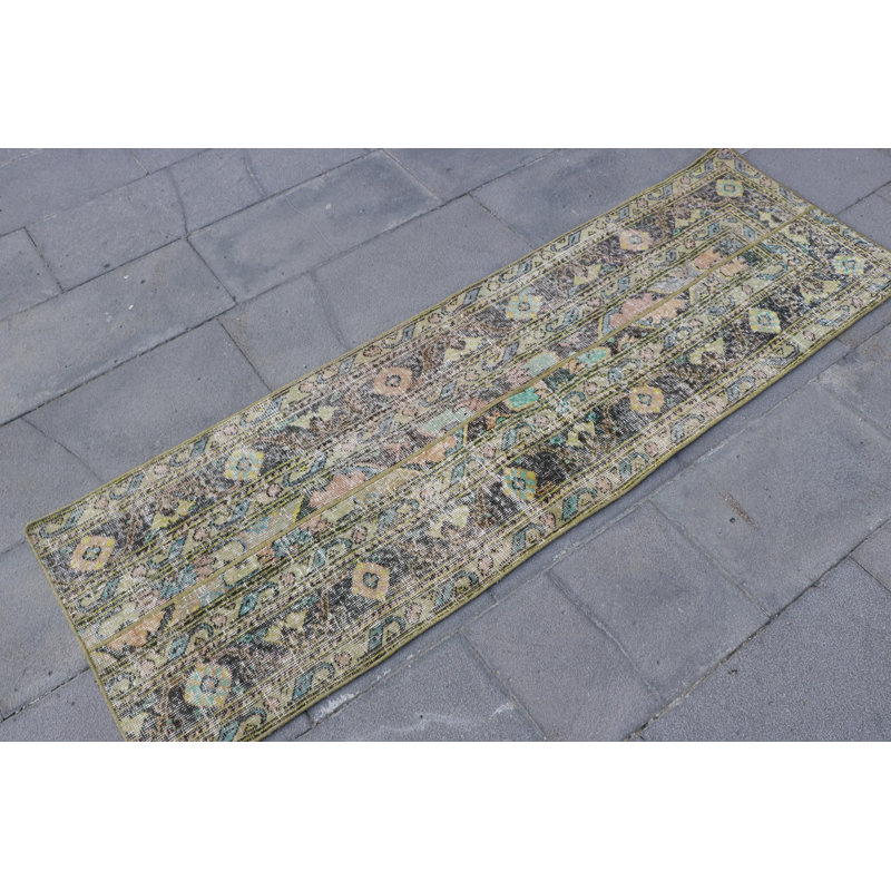 Handmade Vintage Turkish Patchwork Wool Rug in Green for Kitchen or Living Area