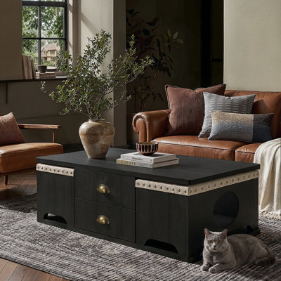 Table basse Harper Farmhouse avec 2 poufs en forme de maison pour chats et 4 tiroirs