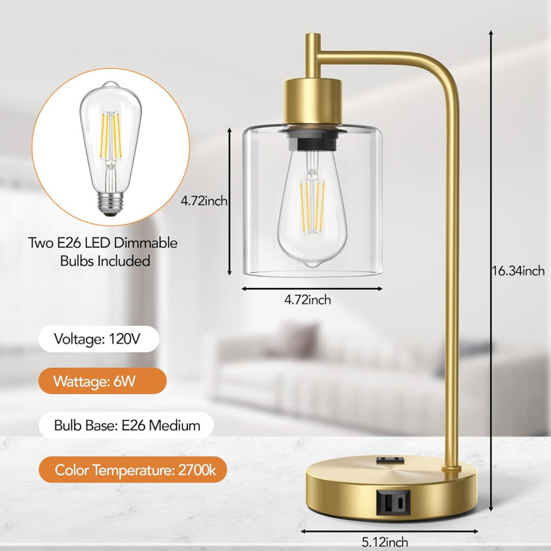Qimh - Ensemble de 2 lampes de table à commande tactile industrielles avec 2 ports USB et 2 prises de courant CA Table de chevet à intensité variable à 3 voies pour lire avec ampoules DEL Lampe de bureau en verre pour le salon