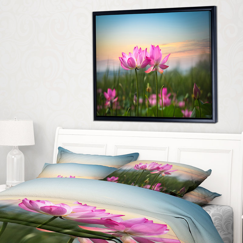 «Blooming Lotus Flowers at Sunset», photographie, L 40 po x H 30 po, Toile avec cadre flottant