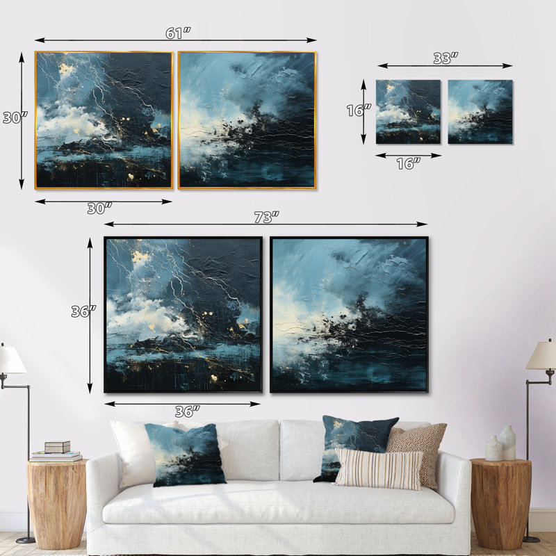 "Minimalisme noir et bleu ouragan" 2 pièces, H 16 po x l 33 po, Cadre flottant blanc