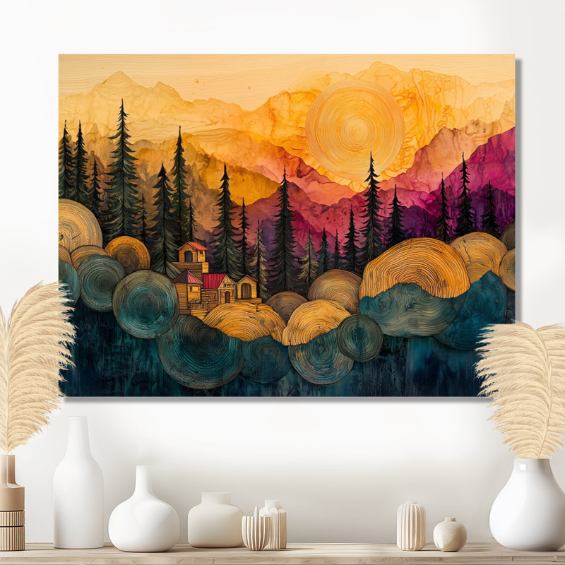 «Native Indian Village In A Forest Landscape II», impression d'art mural en métal, forêt traditionnelle, H 12 po x l 20 po