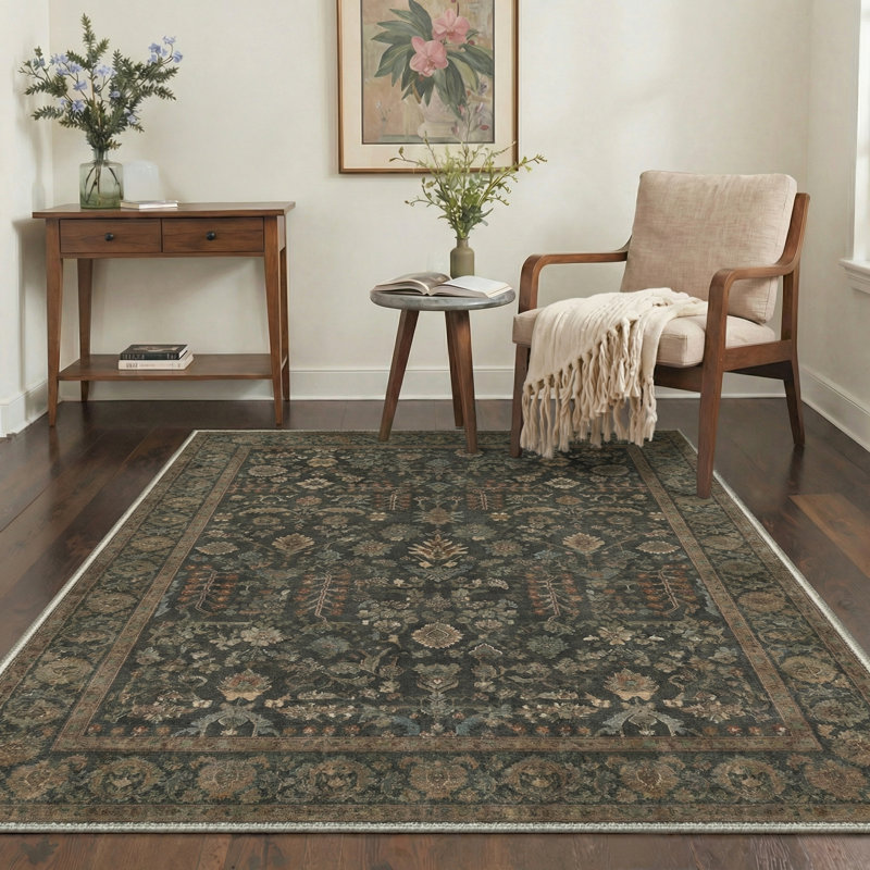 Tapis d'intérieur gris / vert Agacha, Rectangle 5 pi x 7 pi