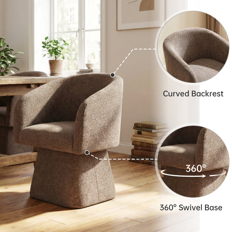 Swivel Barrel Accent Chair, Soft Chenille-Textured Fabric, 360° Swivel, Deep Cushioned Seat without Pillow, Brown