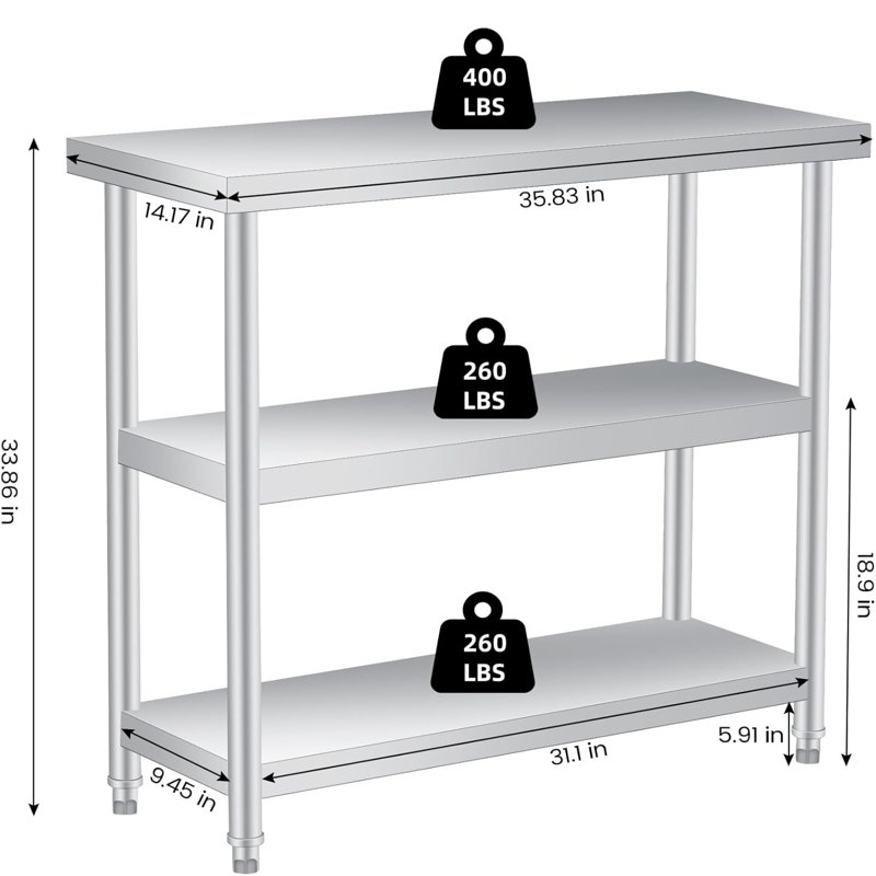 idealhouse Stainless Steel L x W x 86 cm H Adjustable Prep Station, 36x91x86, without wheels