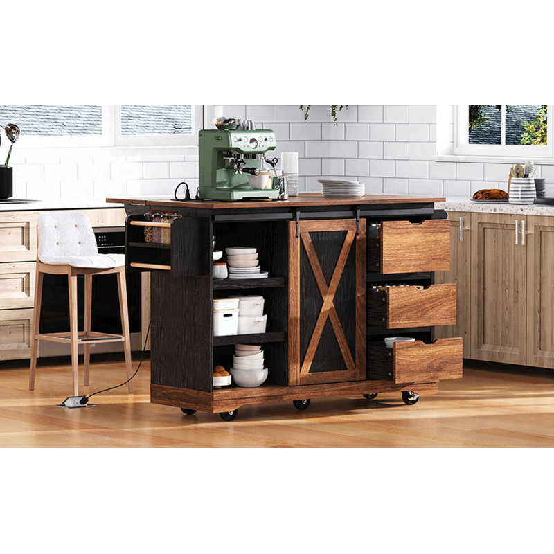 55.5" Farmhouse Kitchen Island With Drop Leaf, Kitchen Storage Island With Barn Door, Power Outlet, Rolling Kitchen Cart On Wheels With Spice Rack, For Home, Kitchen, Dining Room, Black