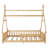 Full Size House Floor Bed with LED Lights and Fence Guardrails for Kids Wood Low Bed Frame with Removable Roof, Natural-125891806-125891809