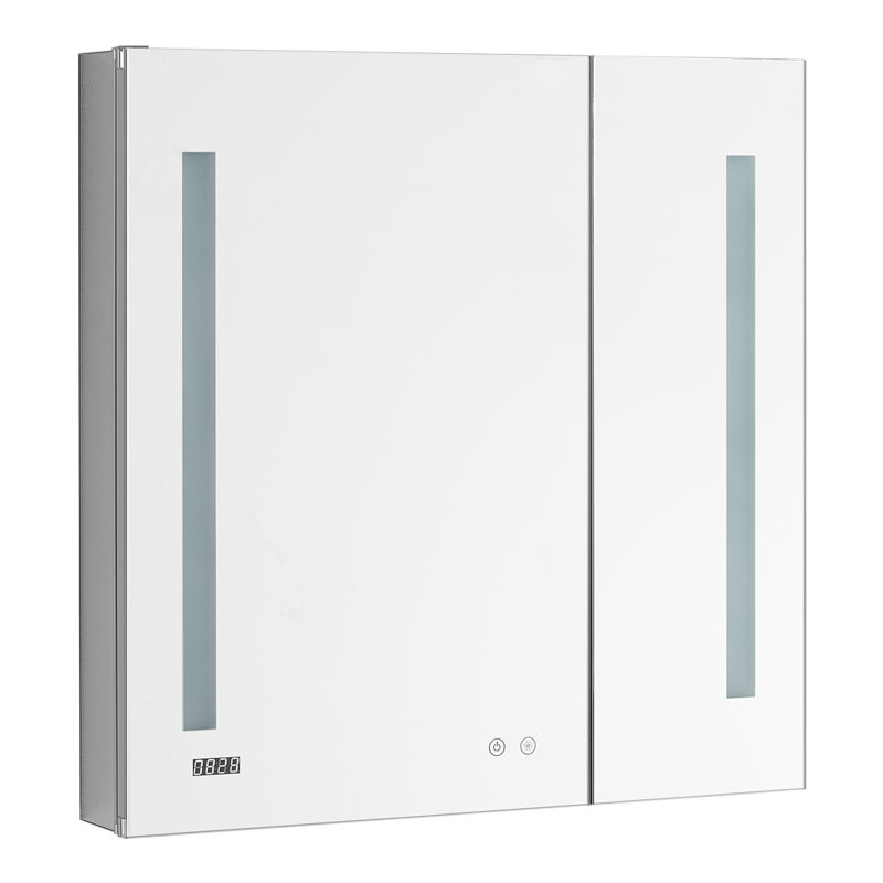 Donnelly l 36 po x H 30 po x P 5 po, désembueur d'armoire à pharmacie à DEL, miroir grossissant réglable verticalement éclairé par 3 lumières DEL, horloge numérique, prises de courant