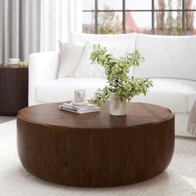 35.63" Round Outdoor Indoor Coffee Table, Modern Wood Grain Drum Center Table, Sturdy Mgo (Magnesium Oxide) Waterproof, No-Assembly Table For Patio, G