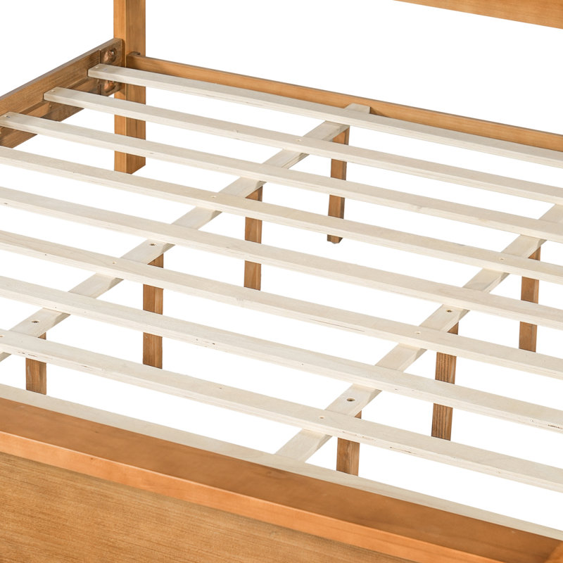 Cadre de lit Queen Size en contreplaqué de pin brun chaud avec tête et pied de lit doubles et rangements, Grand lit