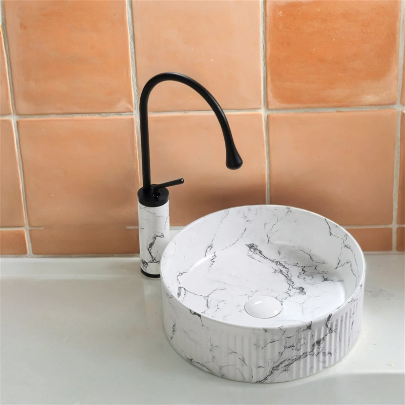 【25"x15" Round Black White Marble Vessel Sink】– Above Counter Porcelain Ceramic Basin With Drain For Bathroom Vanity Lavatory
