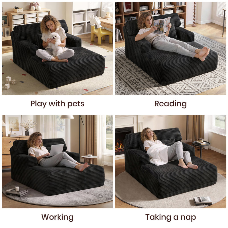 Oversized Corduroy Chaise Lounge Chair, Plush Upholstered Sleeper Chair With Back & Throw Pillow For Living Room, No Assembly Required