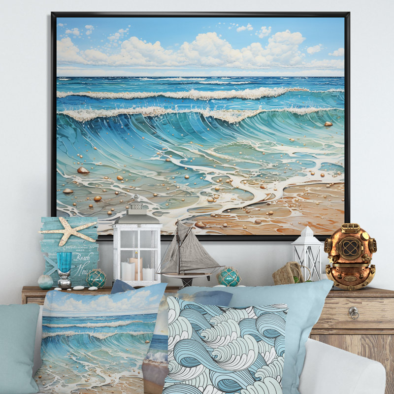 Plage, bord de mer, reflets pointillisme II - impression, H 24 po x l 32 po x P 1 po, Cadre flottant noir