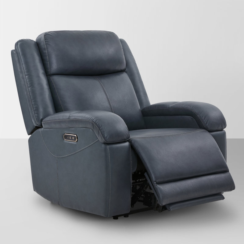 Genuine Leather Zero Wall Oversized Power Recliner with Adjustable Headrest, Navy