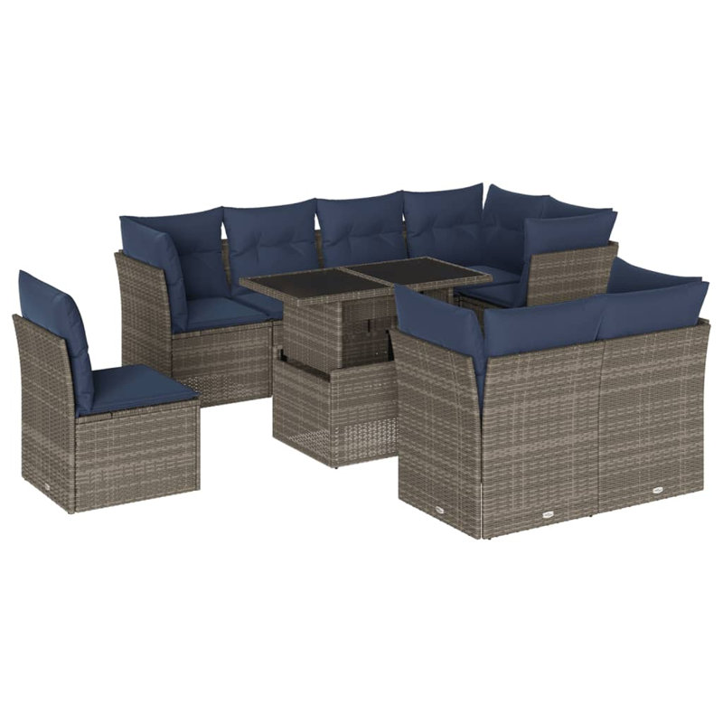  9 Piece Patio Sofa Set With Cushions Brown Poly Rattan, Grey, Navy