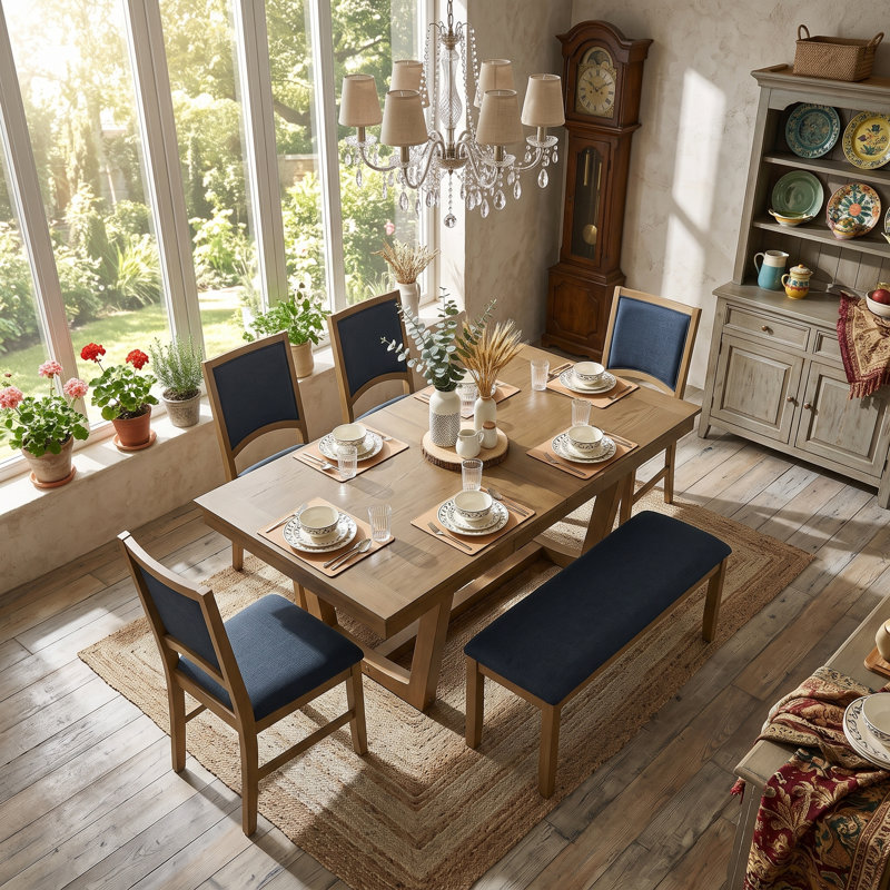 Ensemble de table de salle à manger extensible en bois massif avec base à tréteaux, chaises rembourrées et banc rembourré pour la cuisine et la salle à manger