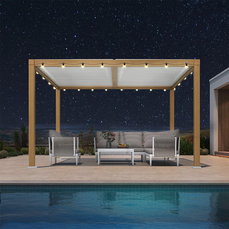 Pergola à persiennes en aluminium mauve à grain de bois réglable avec guirlandes de lumières pour terrasse et jardin