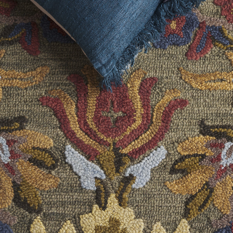 Floral Wool Hand Tufted Area Rug, Square 122 cm, Green/Brown