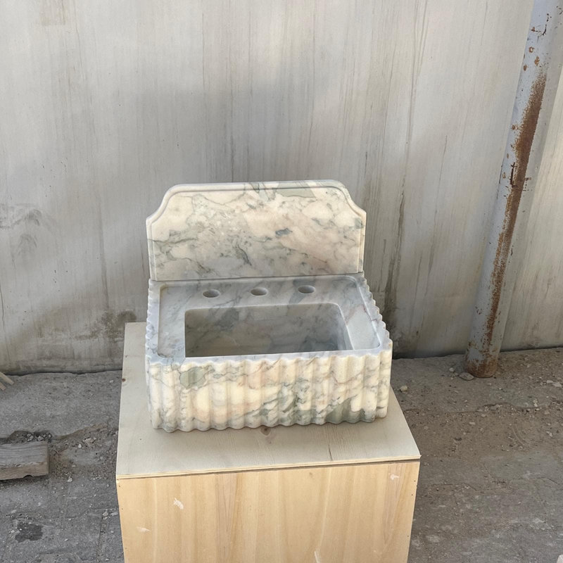 Lavabo en marbre cannelé sculpté à la main avec dosseret, meuble-lavabo en pierre naturelle