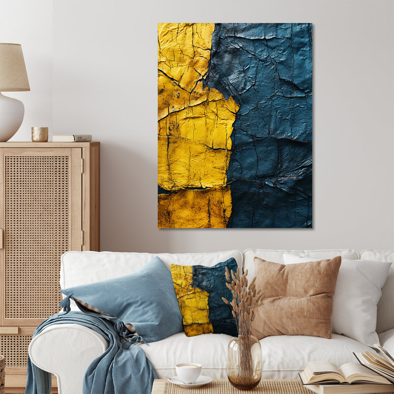 Collage harmonique jaune azur - Collages abstraits, art mural en métal, H 32 po x l 24 po x P 1 po